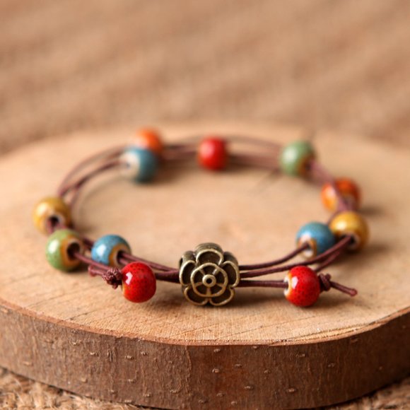 💕Last one Ceramic Bead Flower Bracelet BOHO Bolo - Picture 2 of 3